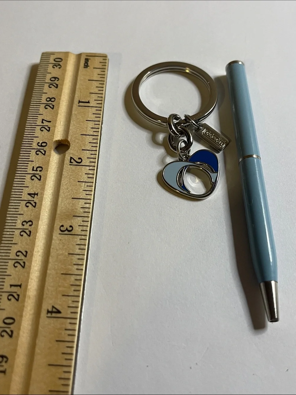 Coach Silver-Tone Heart Keyring with Navy and Light Blue Enamel & Pale Blue Pen